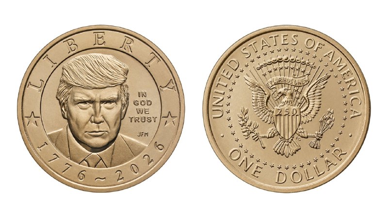 Золотая монета номиналом 1 доллар с изображением президента Трампа, США